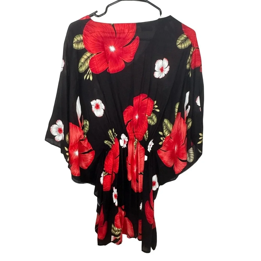 Thai Floral Kaftan Swimsuit Cover Up Black Red Hibiscus Smocked Waist One Size